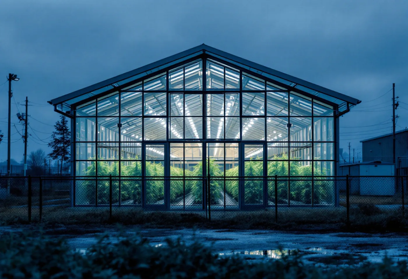 Licensed cannabis cultivation greenhouse glowing at dusk behind a security fence
