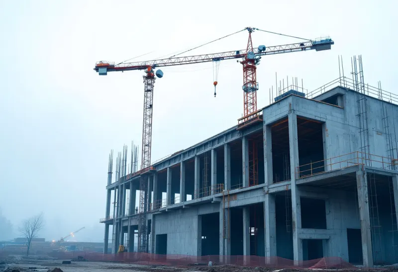 Concrete and steel frame of a commercial building under construction with a tower crane