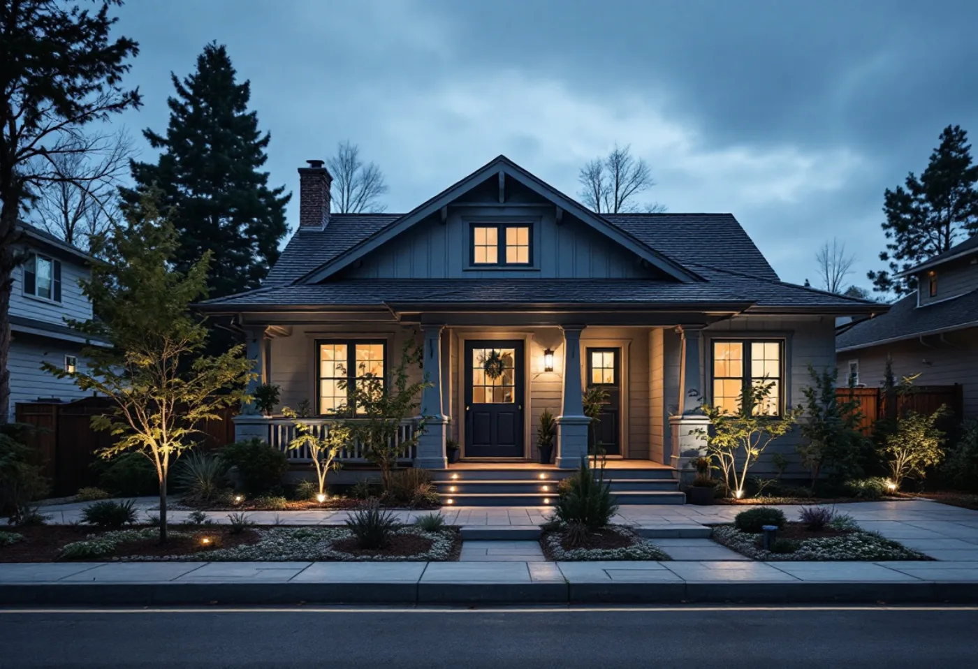 Freshly renovated craftsman house at twilight with new paint, roof, and landscaping