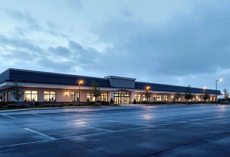 Stabilized suburban office and retail center at evening